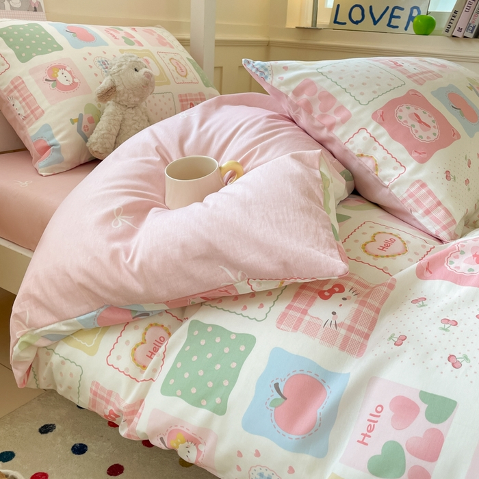 91家纺网 家纺一手货源 找家纺 吉象家纺 2025新款12868高支密全棉印花学生季三件套 粉色猫咪