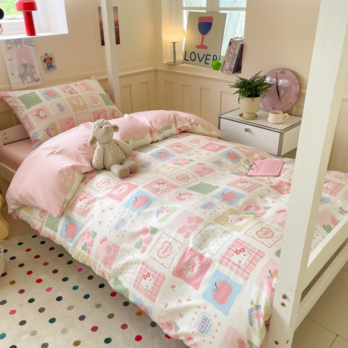 91家纺网 家纺一手货源 找家纺 吉象家纺 2025新款12868高支密全棉印花学生季三件套 粉色猫咪