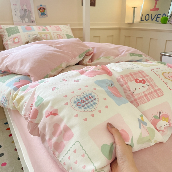 91家纺网 家纺一手货源 找家纺 吉象家纺 2025新款12868高支密全棉印花学生季三件套 粉色猫咪