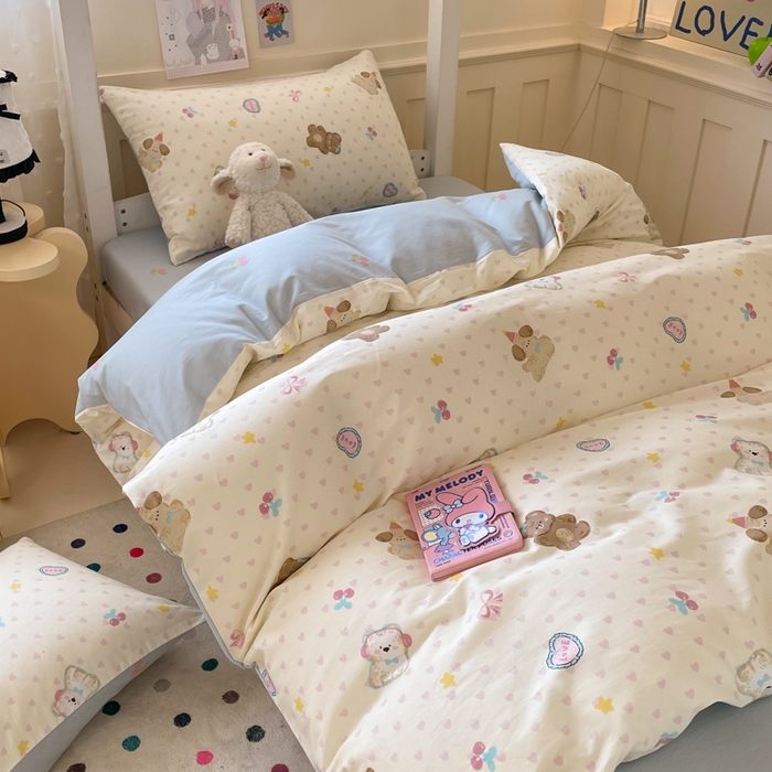 91家纺网 家纺一手货源 找家纺 吉象家纺 2025新款12868高支密全棉印花学生季三件套 奶油甜心熊