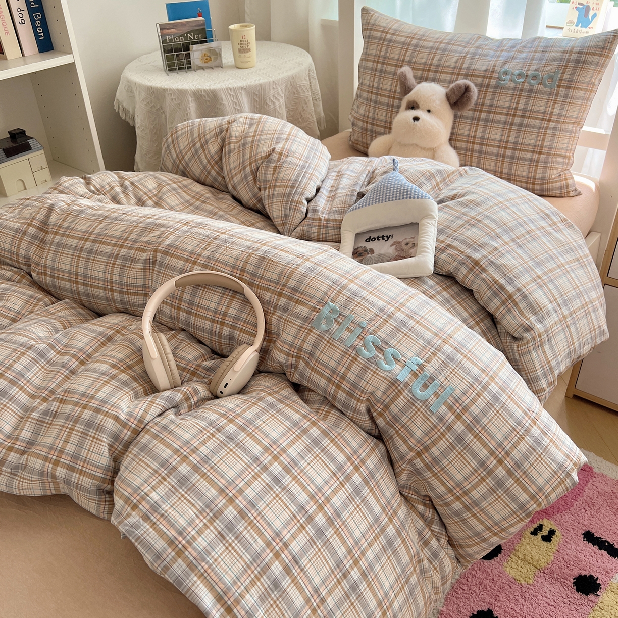 91家纺网 家纺一手货源 找家纺 丽涵家纺 2025新款色织水洗棉刺绣学生三件套 青春