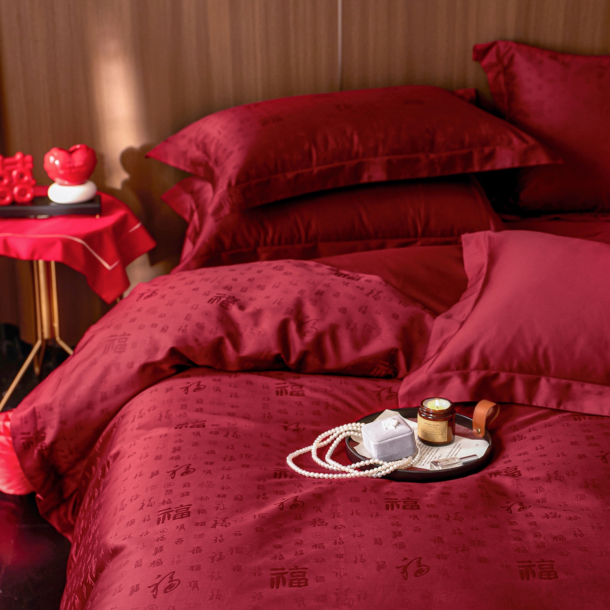 91家纺网 家纺一手货源 找家纺 轩和家居 2025新款50S长绒棉贡缎提花婚庆四件套（优惠劵之后不低于298） 喜福