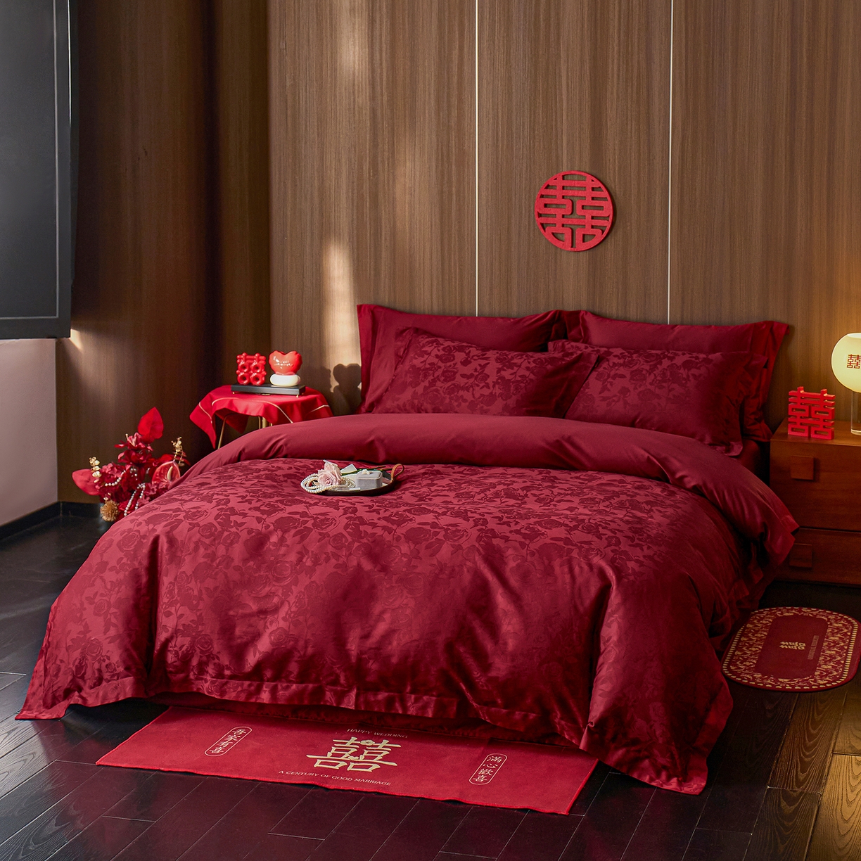 91家纺网 家纺一手货源 找家纺 轩和家居 2025新款50S长绒棉贡缎提花婚庆四件套（优惠劵之后不低于298） 玫羽