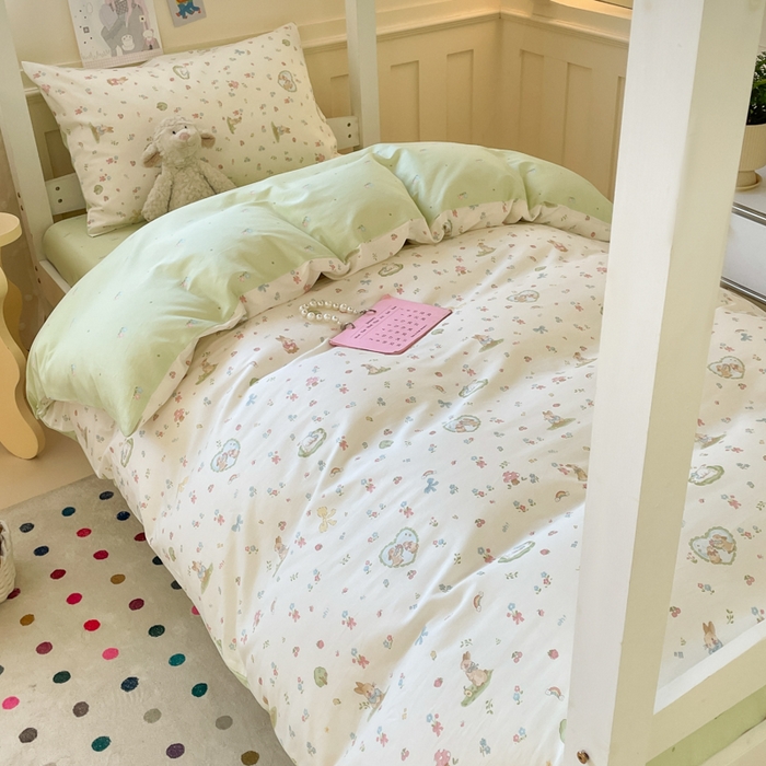 91家纺网 家纺一手货源 找家纺 吉象家纺 2025新款12868高支密全棉印花学生季三件套 蘑菇小兔