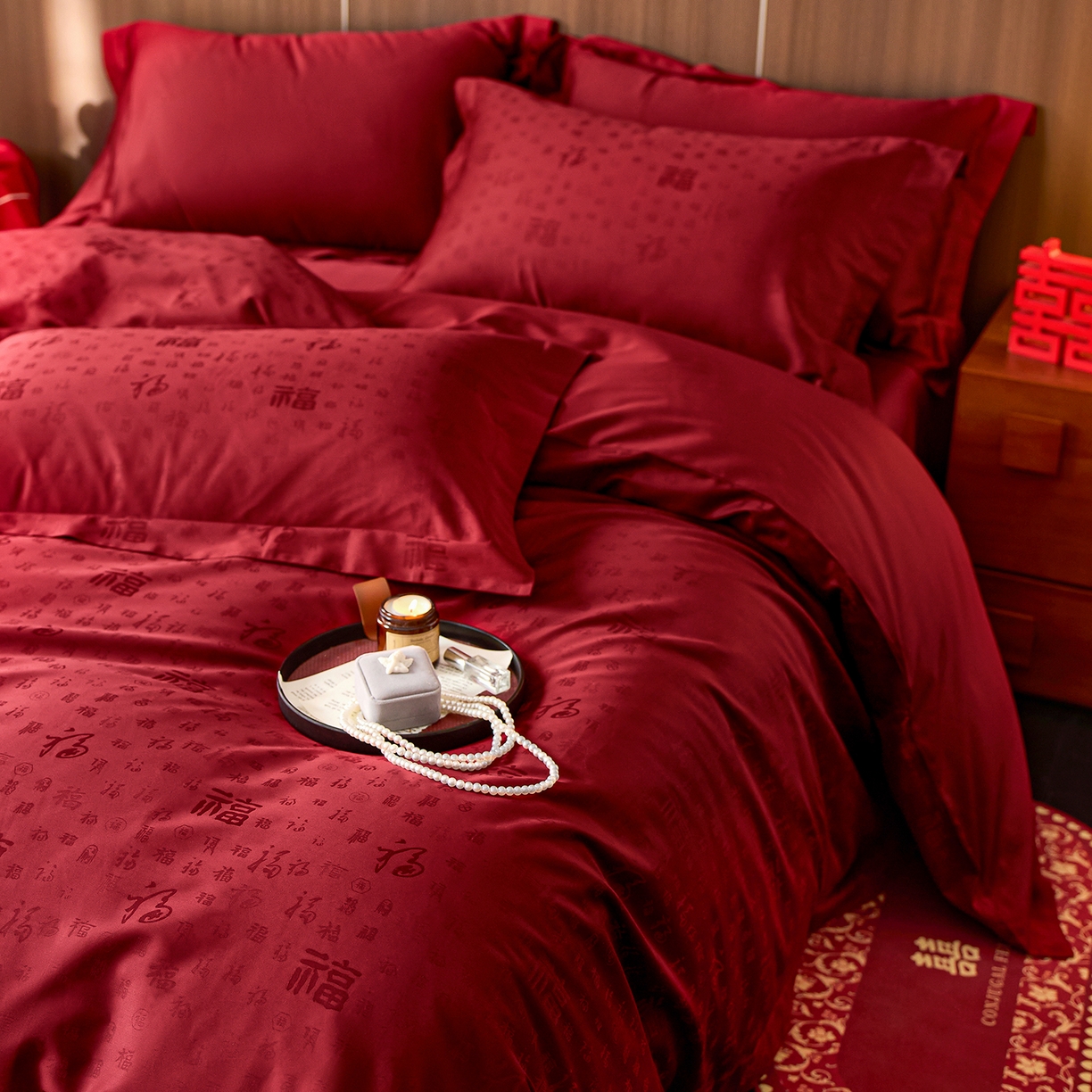 91家纺网 家纺一手货源 找家纺 轩和家居 2025新款50S长绒棉贡缎提花婚庆四件套（优惠劵之后不低于298） 喜福