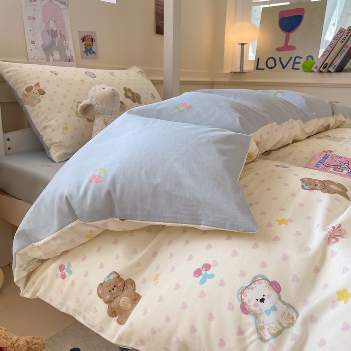 91家纺网 家纺一手货源 找家纺 吉象家纺 2025新款12868高支密全棉印花学生季三件套 奶油甜心熊