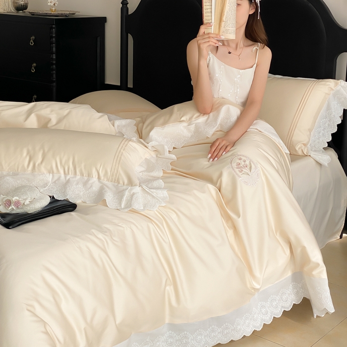 91家纺网 家纺一手货源 找家纺 云栖家居 2025全棉长绒棉50支法式蕾丝四件套-郁见美好 郁见美好-香槟