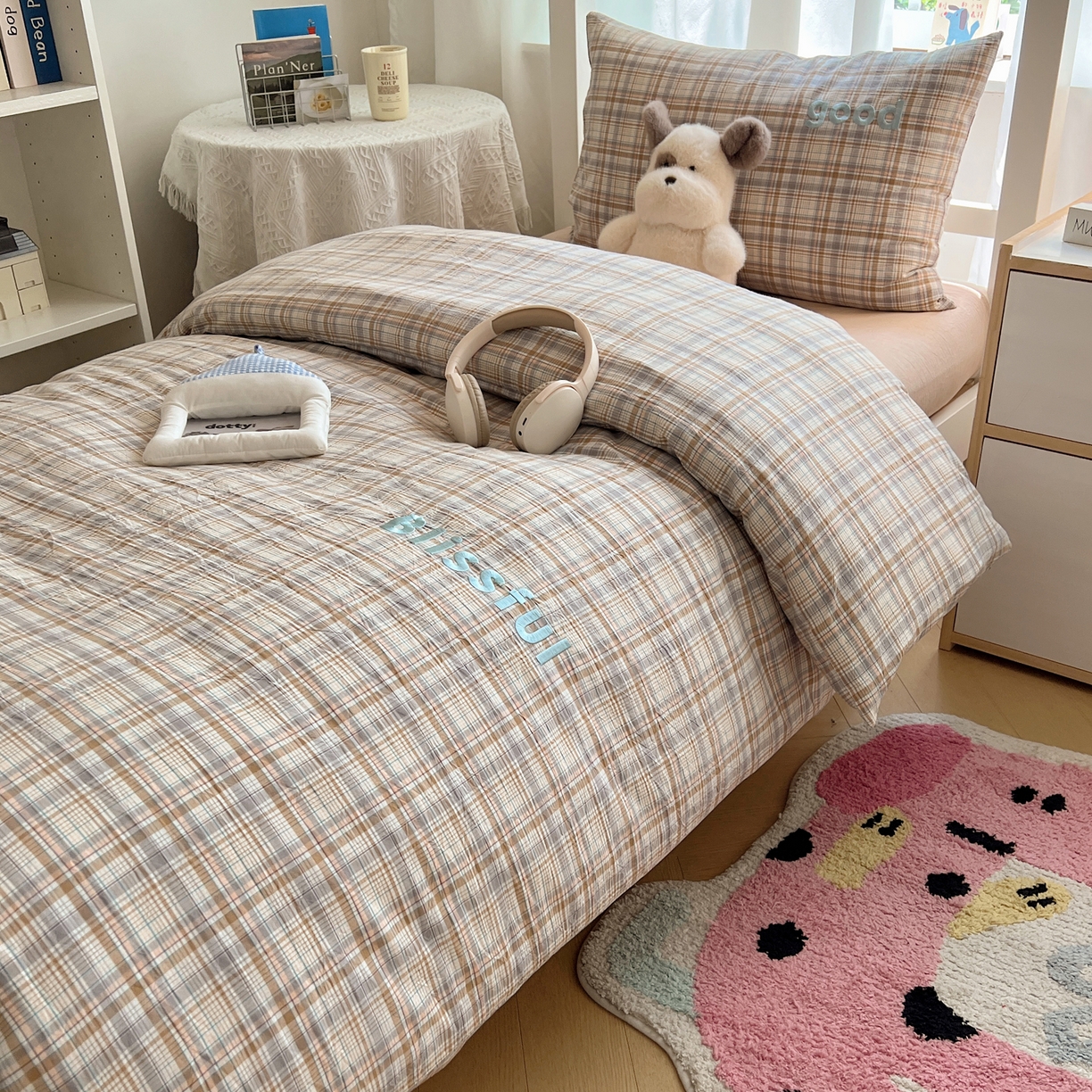 91家纺网 家纺一手货源 找家纺 丽涵家纺 2025新款色织水洗棉刺绣学生三件套 青春