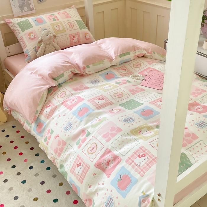 91家纺网 家纺一手货源 找家纺 吉象家纺 2025新款12868高支密全棉印花学生季三件套 粉色猫咪