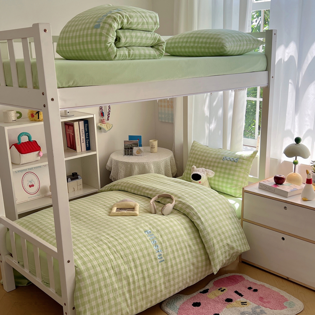 91家纺网 家纺一手货源 找家纺 丽涵家纺 2025新款色织水洗棉刺绣学生三件套 尚格-绿