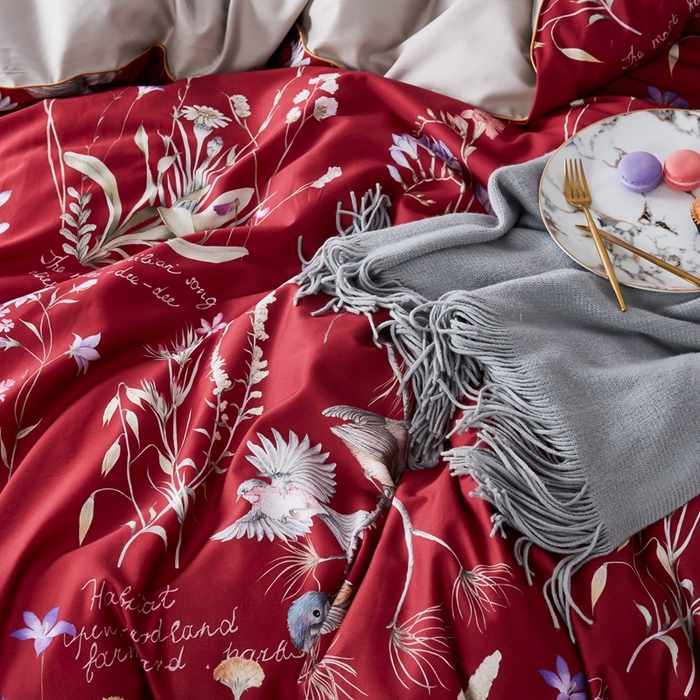 91家纺网 家纺一手货源 找家纺 优然居家纺 2025新款60支数码印花麻绳款四件套 红妆