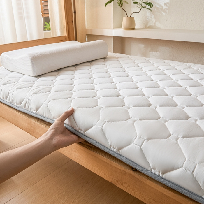 91家纺网 家纺一手货源 找家纺 暖季家纺 2025新款磨毛印花亲肤学生床垫 面包格象牙白