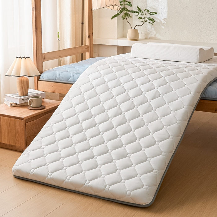 91家纺网 家纺一手货源 找家纺 暖季家纺 2025新款磨毛印花亲肤学生床垫 面包格象牙白