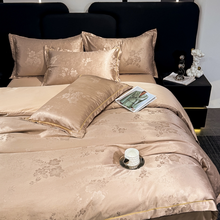 91家纺网 家纺一手货源 找家纺 世爵 2025新款水洗天丝提花锦缎四件套 素茶咖