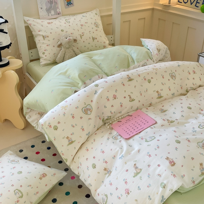 91家纺网 家纺一手货源 找家纺 吉象家纺 2025新款12868高支密全棉印花学生季三件套 蘑菇小兔