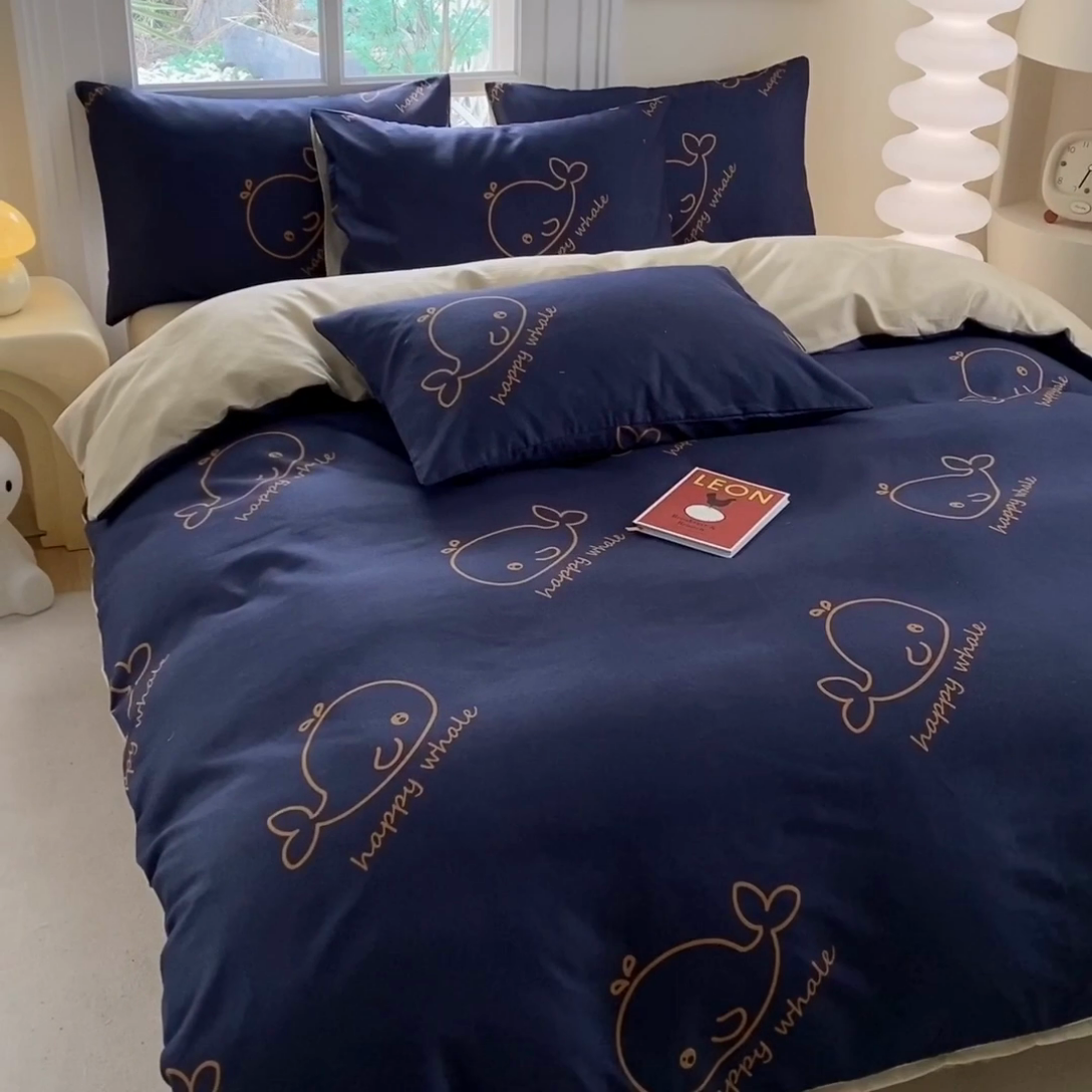 91家纺网 家纺一手货源 找家纺 友承家纺 2025新款芦荟棉亲肤四件套 蓝鲸