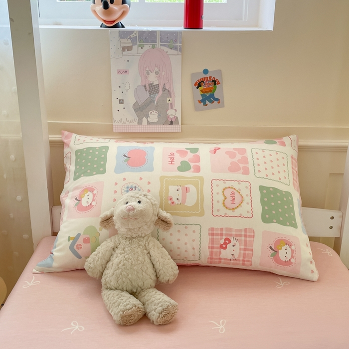 91家纺网 家纺一手货源 找家纺 吉象家纺 2025新款12868高支密全棉印花学生季三件套 粉色猫咪