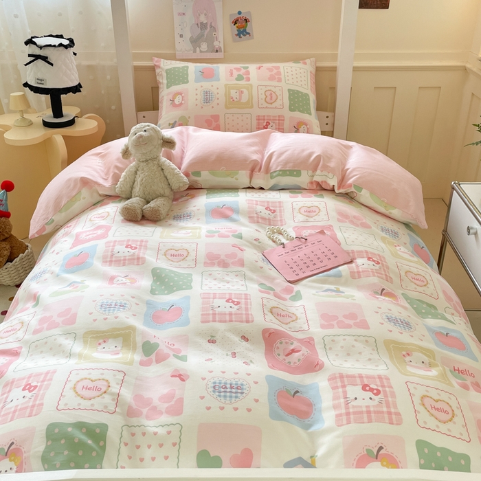 91家纺网 家纺一手货源 找家纺 吉象家纺 2025新款12868高支密全棉印花学生季三件套 粉色猫咪