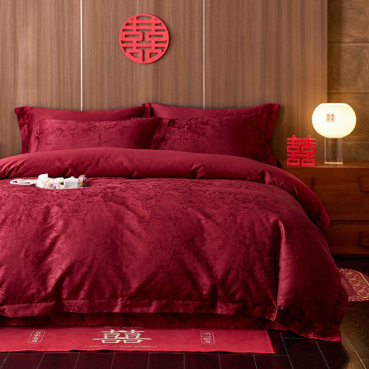 91家纺网 家纺一手货源 找家纺 轩和家居 2025新款50S长绒棉贡缎提花婚庆四件套（优惠劵之后不低于298） 吾家有喜