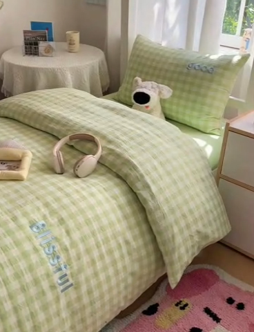 91家纺网 家纺一手货源 找家纺 丽涵家纺 2025新款色织水洗棉刺绣学生三件套 尚格-绿