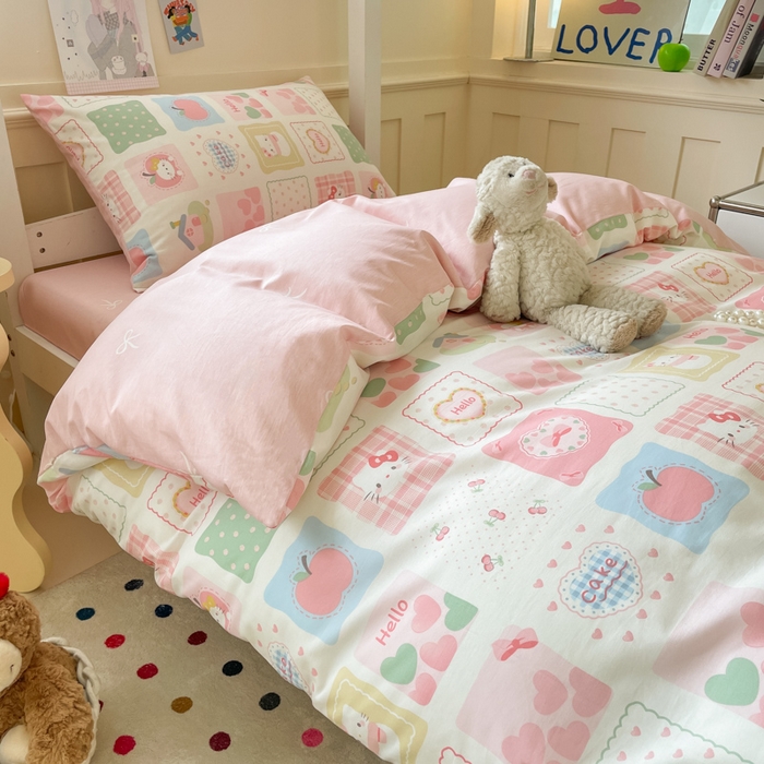 91家纺网 家纺一手货源 找家纺 吉象家纺 2025新款12868高支密全棉印花学生季三件套 粉色猫咪