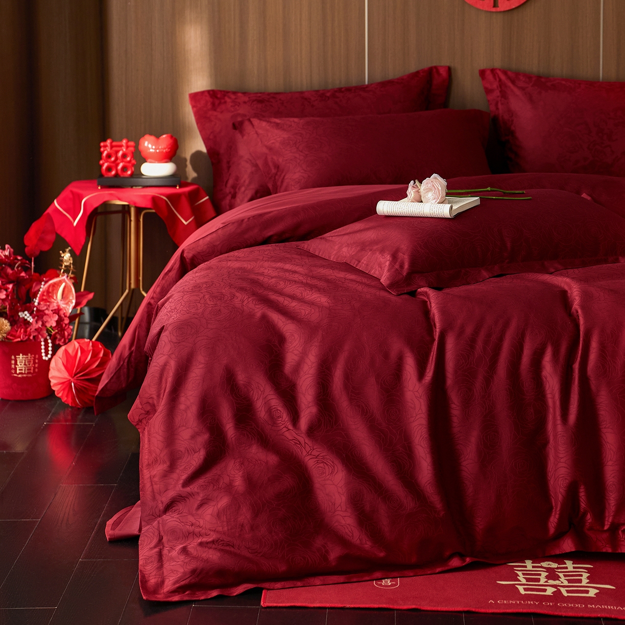 91家纺网 家纺一手货源 找家纺 轩和家居 2025新款50S长绒棉贡缎提花婚庆四件套（优惠劵之后不低于298） 钟意你