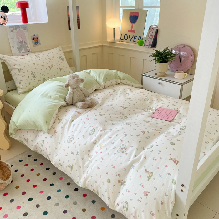 91家纺网 家纺一手货源 找家纺 吉象家纺 2025新款12868高支密全棉印花学生季三件套 蘑菇小兔