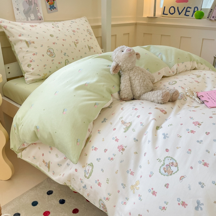 91家纺网 家纺一手货源 找家纺 吉象家纺 2025新款12868高支密全棉印花学生季三件套 蘑菇小兔