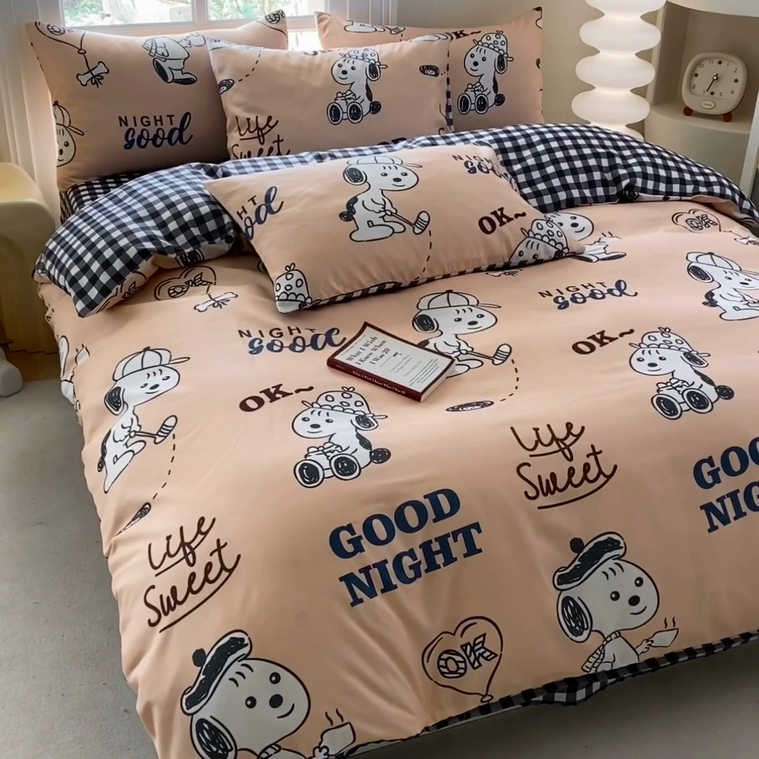 91家纺网 家纺一手货源 找家纺 友承家纺 2025新款芦荟棉亲肤四件套 快乐小狗