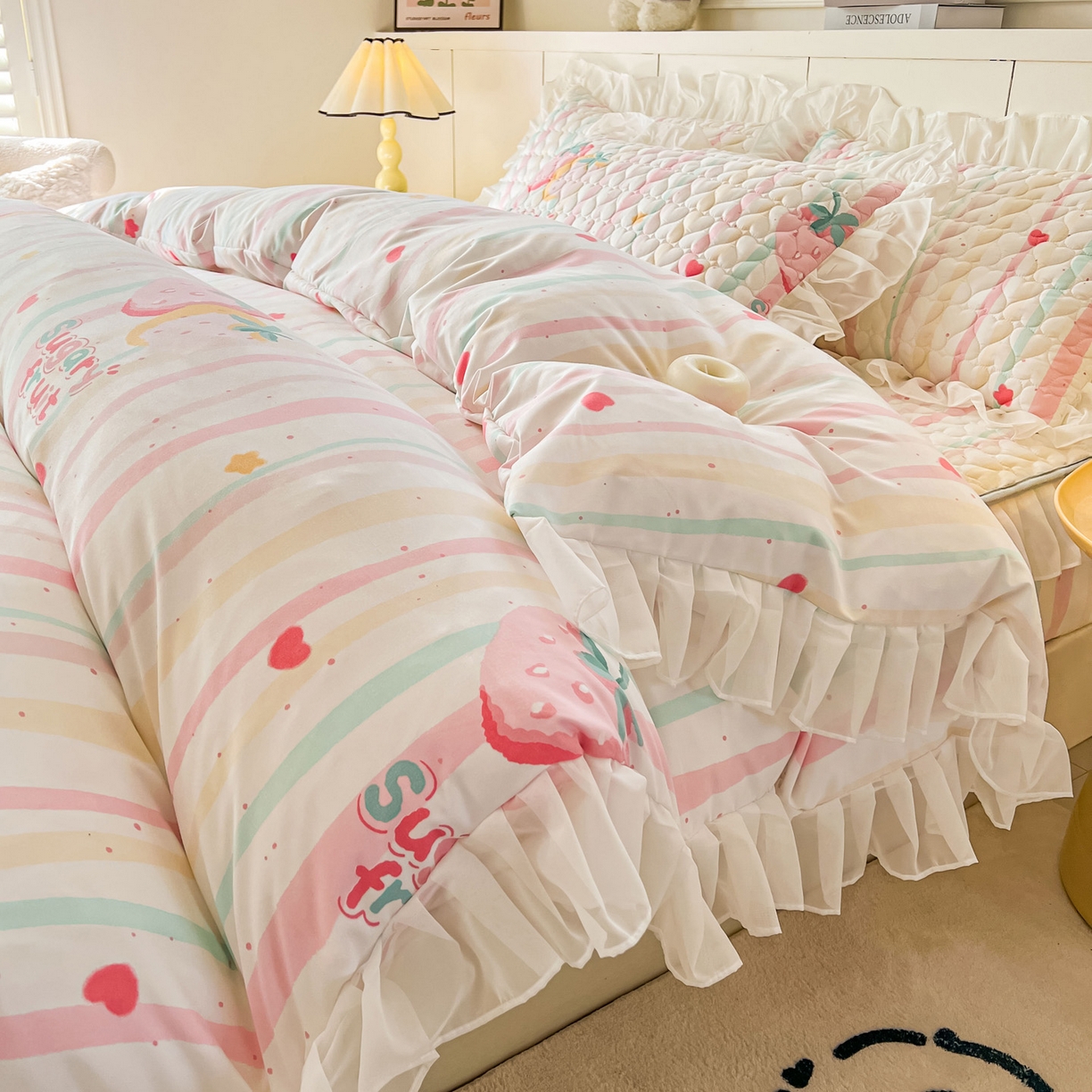 91家纺网 家纺一手货源 找家纺 眠势力 2025新款韩版花边夹棉床笠单件公主风四季款床垫保护套床罩 糖果草莓