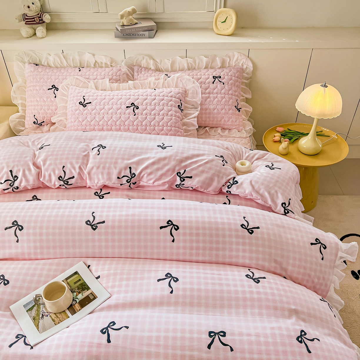 91家纺网 家纺一手货源 找家纺 眠势力 2025新款韩版花边夹棉床笠单件公主风四季款床垫保护套床罩 粉格蝴蝶结