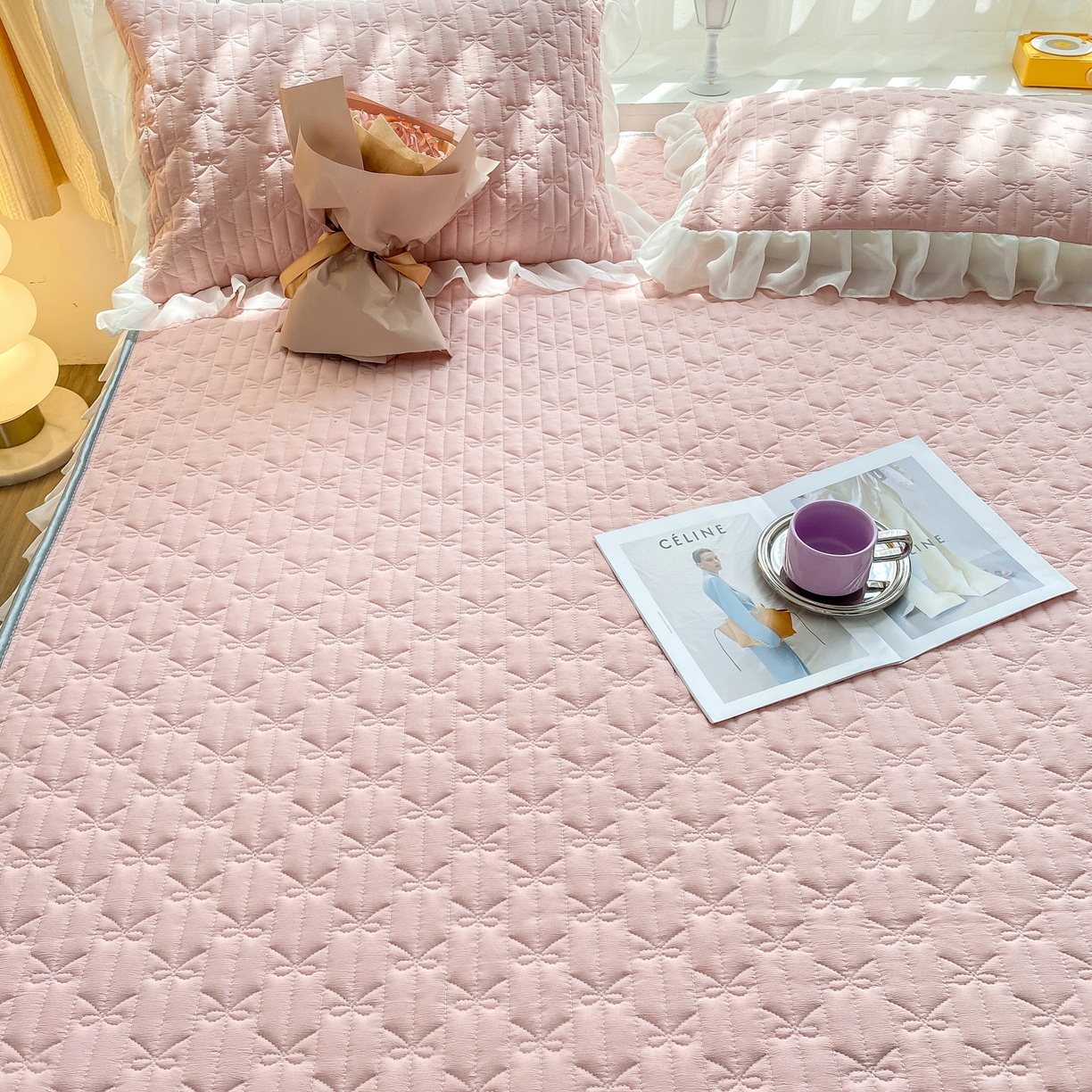 91家纺网 家纺一手货源 找家纺 眠势力 2025新款韩版花边夹棉床笠单件公主风四季款床垫保护套床罩 纯色系-蜜桃粉