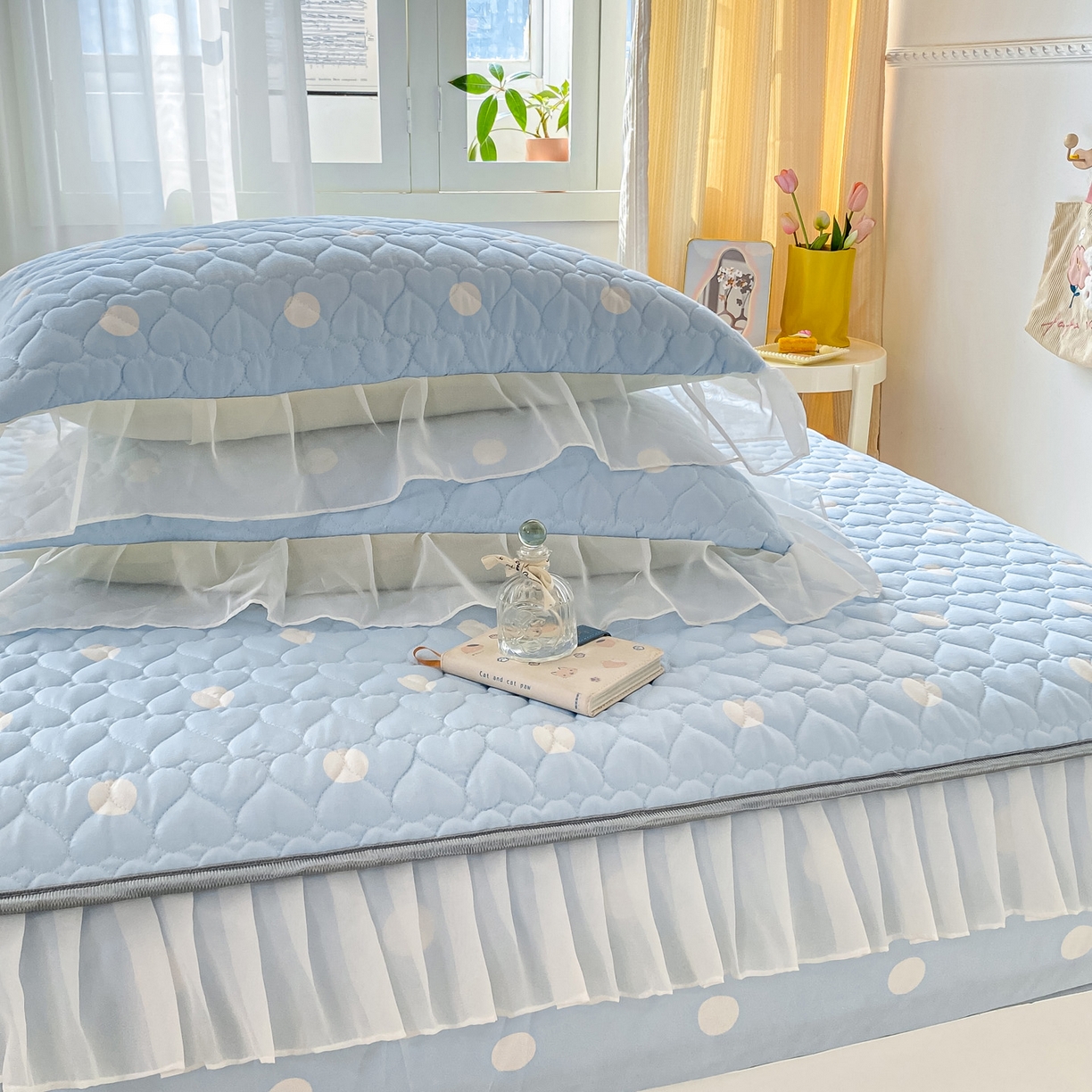 91家纺网 家纺一手货源 找家纺 眠势力 2025新款韩版花边夹棉床笠单件公主风四季款床垫保护套床罩 波点蓝