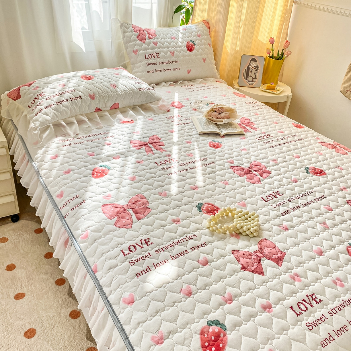 91家纺网 家纺一手货源 找家纺 眠势力 2025新款韩版花边夹棉床笠单件公主风四季款床垫保护套床罩 蝴蝶结