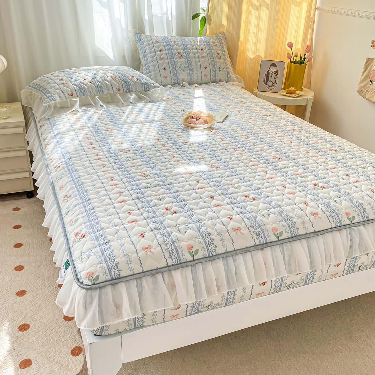 91家纺网 家纺一手货源 找家纺 眠势力 2025新款韩版花边夹棉床笠单件公主风四季款床垫保护套床罩 蓝莓芝士