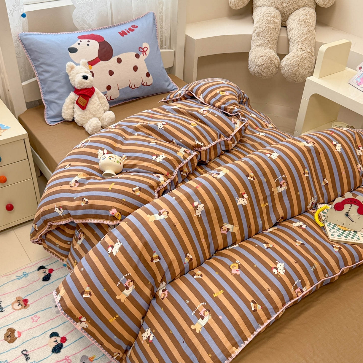 91家纺网 家纺一手货源 找家纺 沐辰 2025新款全棉双层纱A类贝壳边学生床三件套 斑点狗