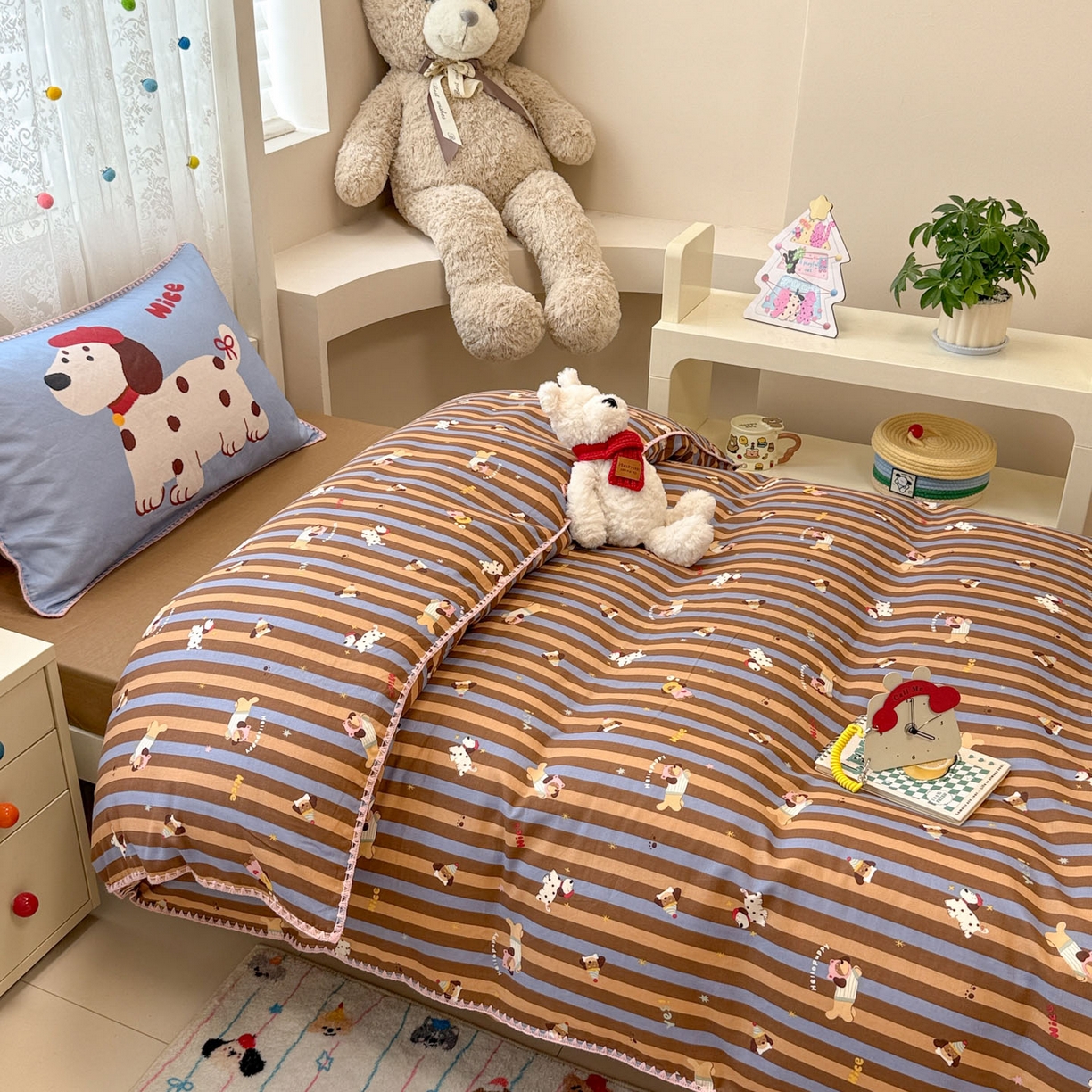 91家纺网 家纺一手货源 找家纺 沐辰 2025新款全棉双层纱A类贝壳边学生床三件套 斑点狗