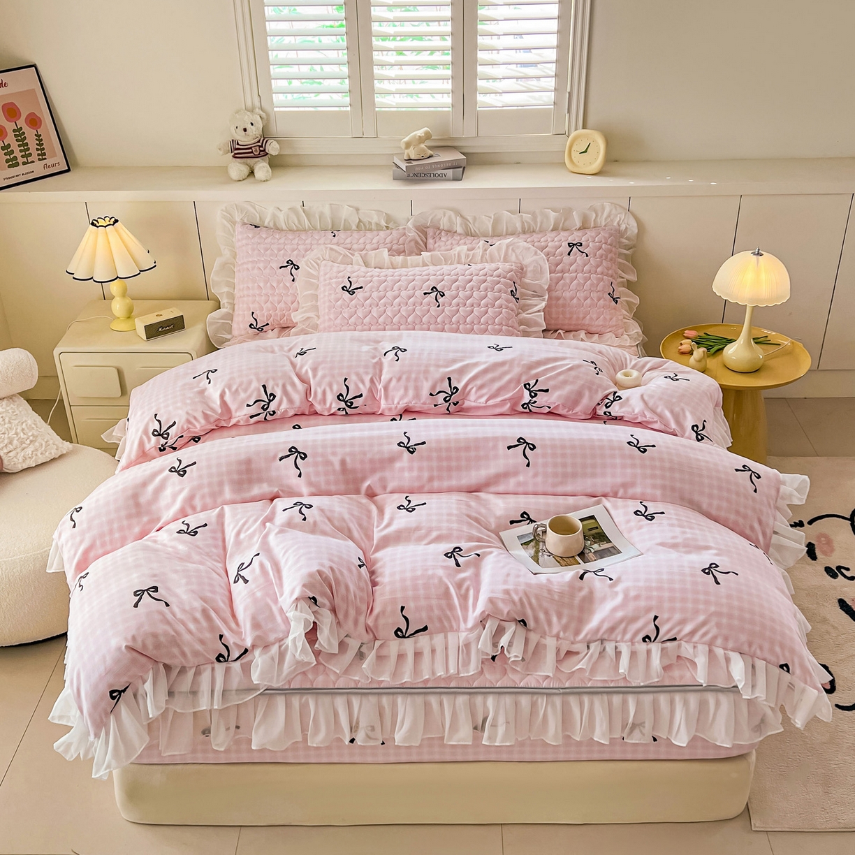 91家纺网 家纺一手货源 找家纺 眠势力 2025新款韩版花边夹棉床笠单件公主风四季款床垫保护套床罩 粉格蝴蝶结