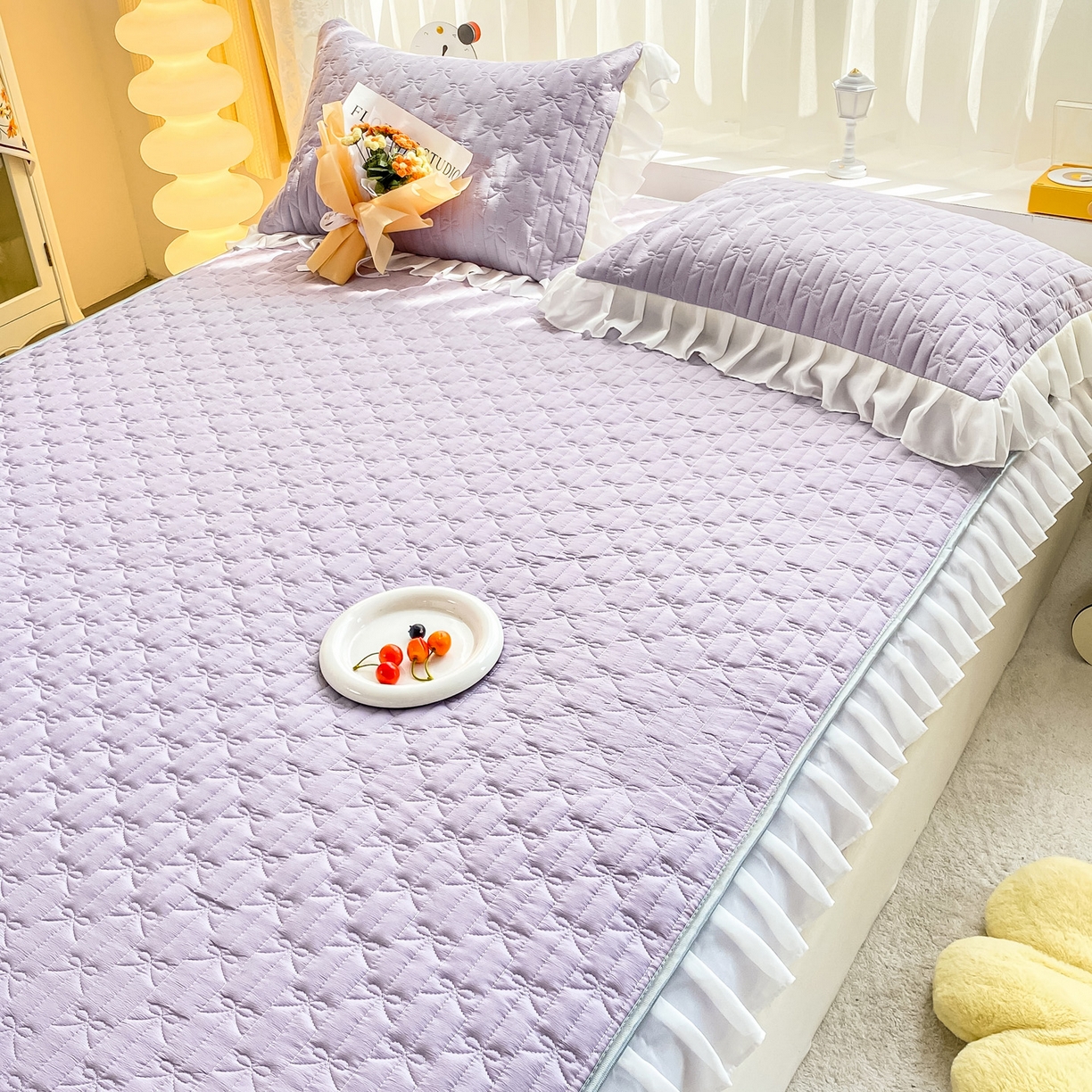 91家纺网 家纺一手货源 找家纺 眠势力 2025新款韩版花边夹棉床笠单件公主风四季款床垫保护套床罩 纯色系-优雅紫