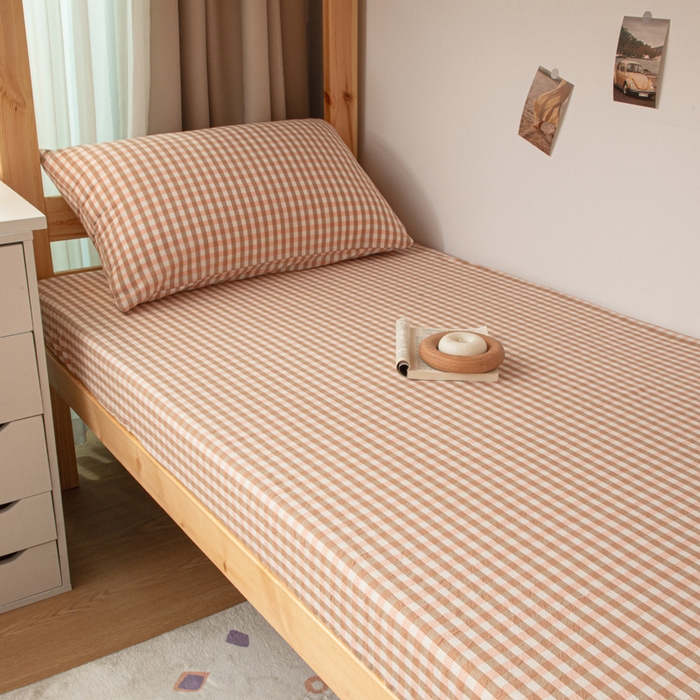 91家纺网 家纺一手货源 找家纺 寐眠 2025新款全棉纯棉水洗棉单床笠学生款床笠单件 粉小格