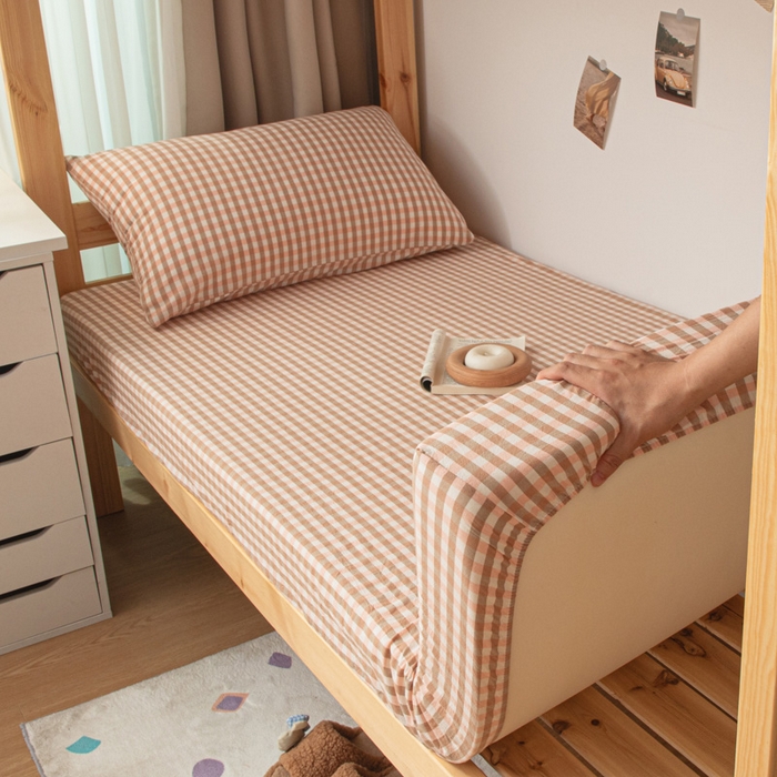 91家纺网 家纺一手货源 找家纺 寐眠 2025新款全棉纯棉水洗棉单床笠学生款床笠单件 粉小格