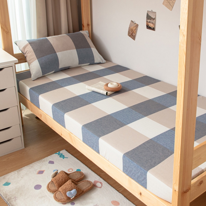 91家纺网 家纺一手货源 找家纺 寐眠 2025新款全棉纯棉水洗棉单床笠学生款床笠单件 蓝大格