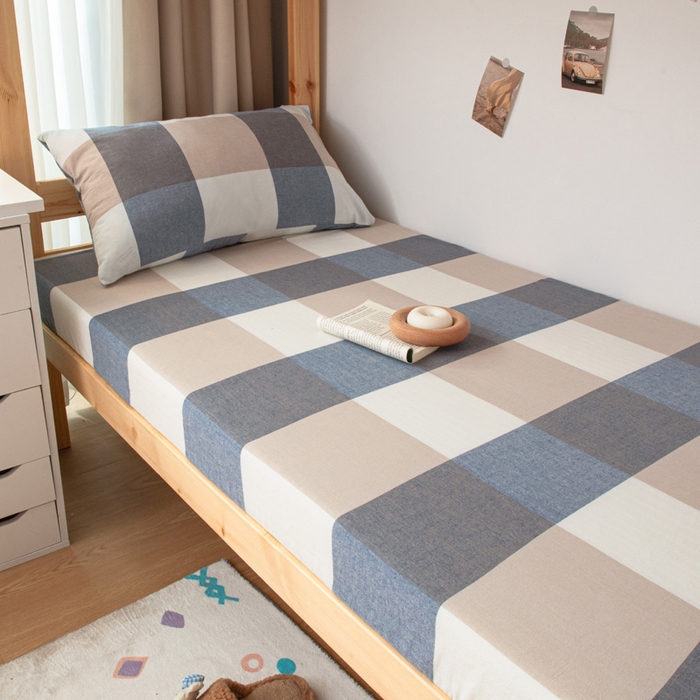 91家纺网 家纺一手货源 找家纺 寐眠 2025新款全棉纯棉水洗棉单床笠学生款床笠单件 蓝大格