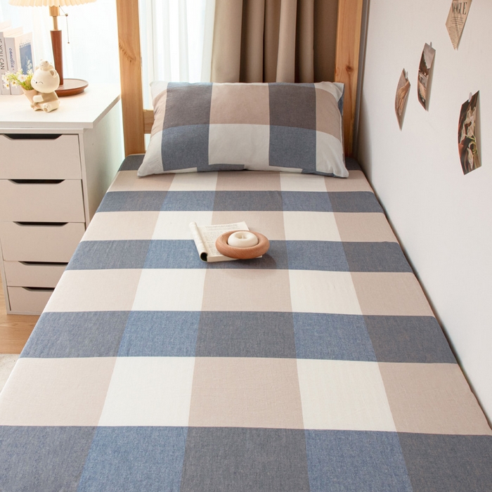 91家纺网 家纺一手货源 找家纺 寐眠 2025新款全棉纯棉水洗棉单床笠学生款床笠单件 蓝大格