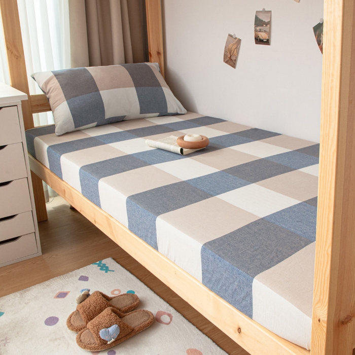 91家纺网 家纺一手货源 找家纺 寐眠 2025新款全棉纯棉水洗棉单床笠学生款床笠单件 蓝大格