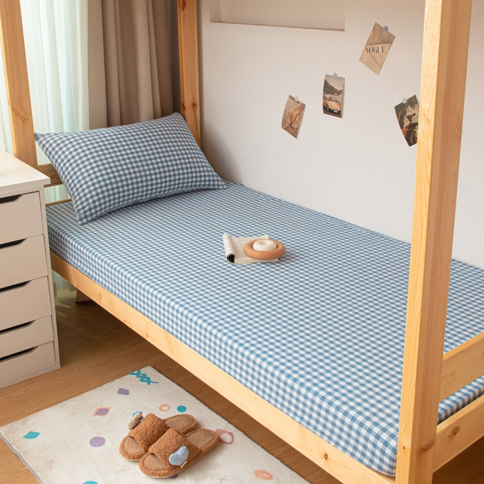 91家纺网 家纺一手货源 找家纺 寐眠 2025新款全棉纯棉水洗棉单床笠学生款床笠单件 蓝小格