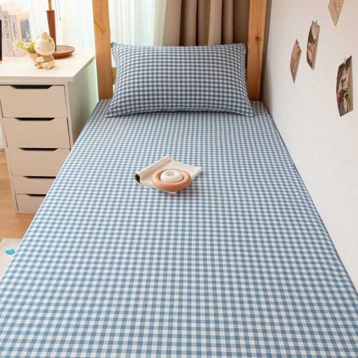 91家纺网 家纺一手货源 找家纺 寐眠 2025新款全棉纯棉水洗棉单床笠学生款床笠单件 蓝小格