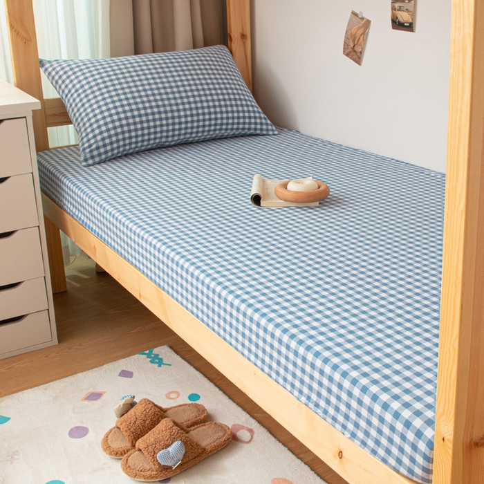 91家纺网 家纺一手货源 找家纺 寐眠 2025新款全棉纯棉水洗棉单床笠学生款床笠单件 蓝小格