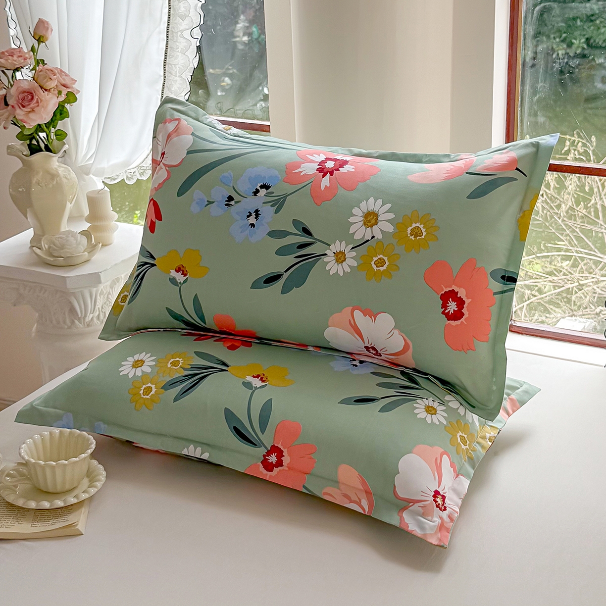 梵巢 家纺芦荟棉枕套磨毛化纤枕套48*74cm 花儿朵朵