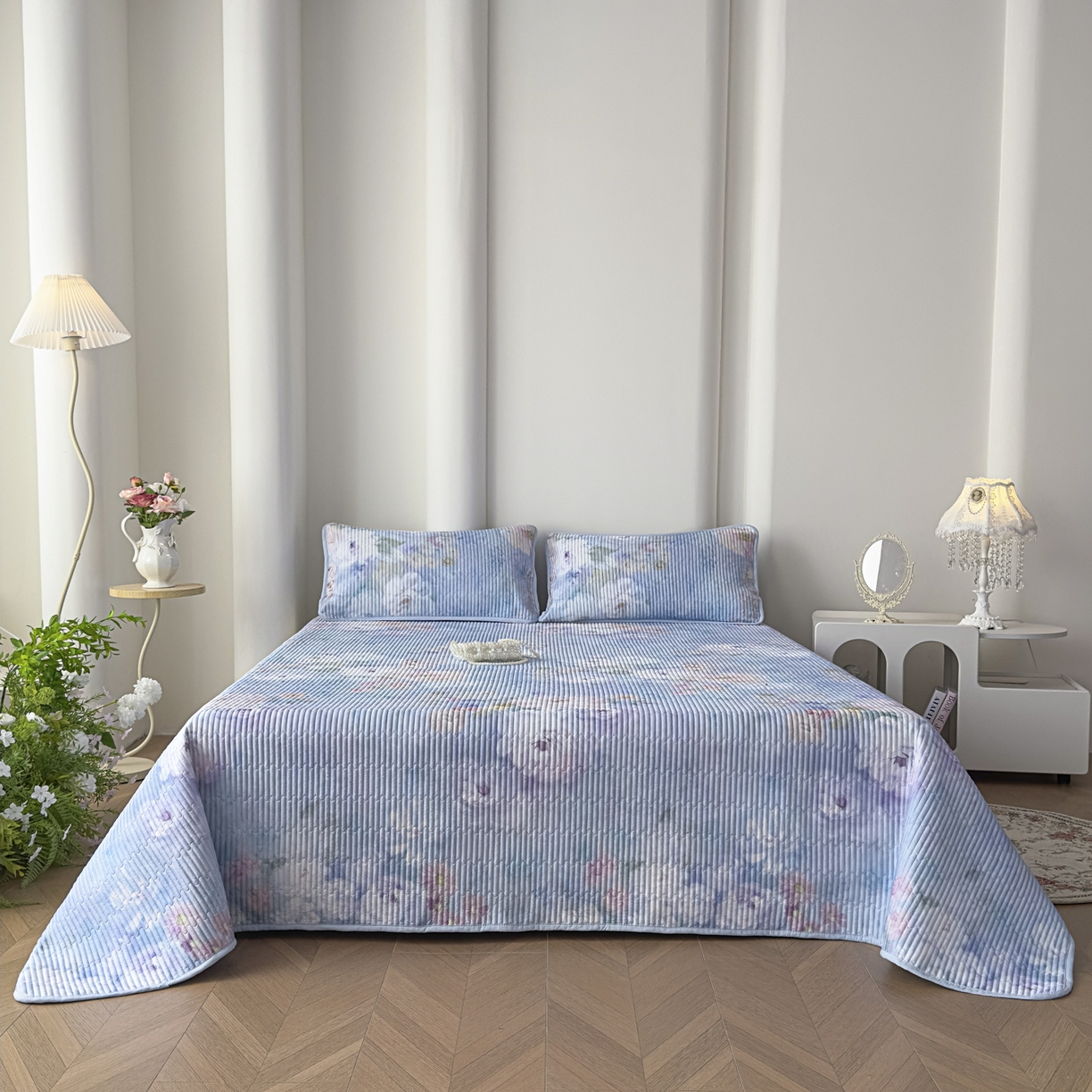 91家纺网 家纺一手货源 找家纺 橘夏家纺 2025新款莱赛尔天丝轻奢风多功能床盖三件套软凉席盖毯  朝花夕拾